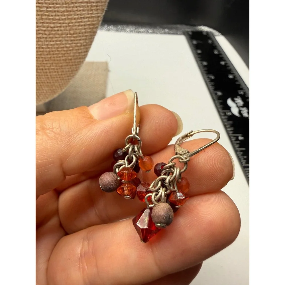 Boho Red Orange Beaded Cluster Leverback Earrings Wood Glass Autumn Tones